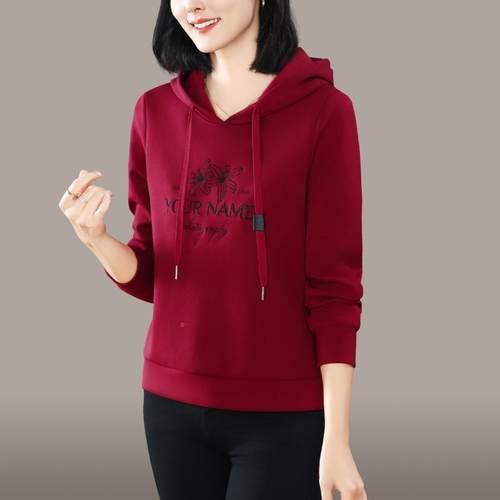 连帽上卫绣SUB衣女春秋新款字刺长袖恤打底衫灰色宽松显瘦母衣