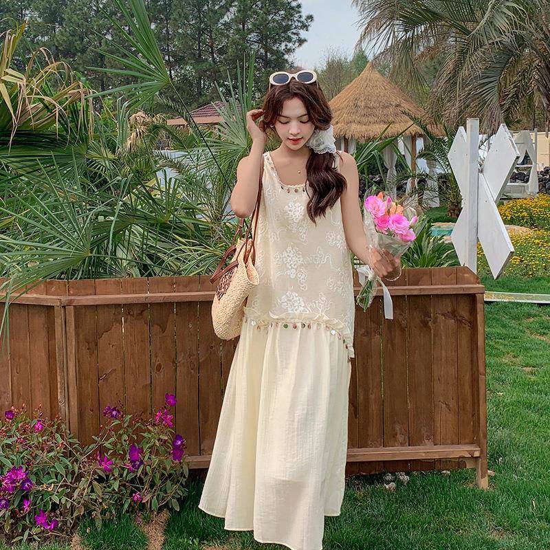 苏式度假风重工拼法流蕾丝刺绣接背心连衣裙女气质ZBB220A无袖中