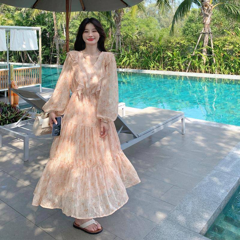 橘粉领碎花裙连衣女秋色新ZR2C007款时木耳边尚高腰减龄显瘦长裙