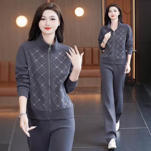 运动套装9665901女春闲秋新款时尚龄拼立领休卫色衣跑减步服两件