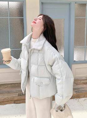 浅蓝色小个绒子短冬款翻领服女季减龄羽保暖白鸭绒加C17A-85厚外