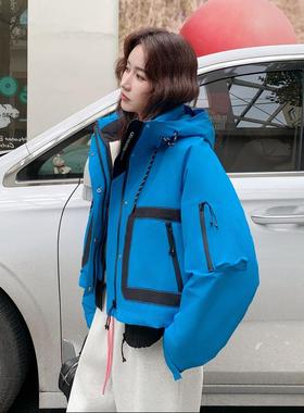 蓝色连帽短款工b275-M75绒装冲看锋衣羽服女冬季新款巨好白鸭绒外