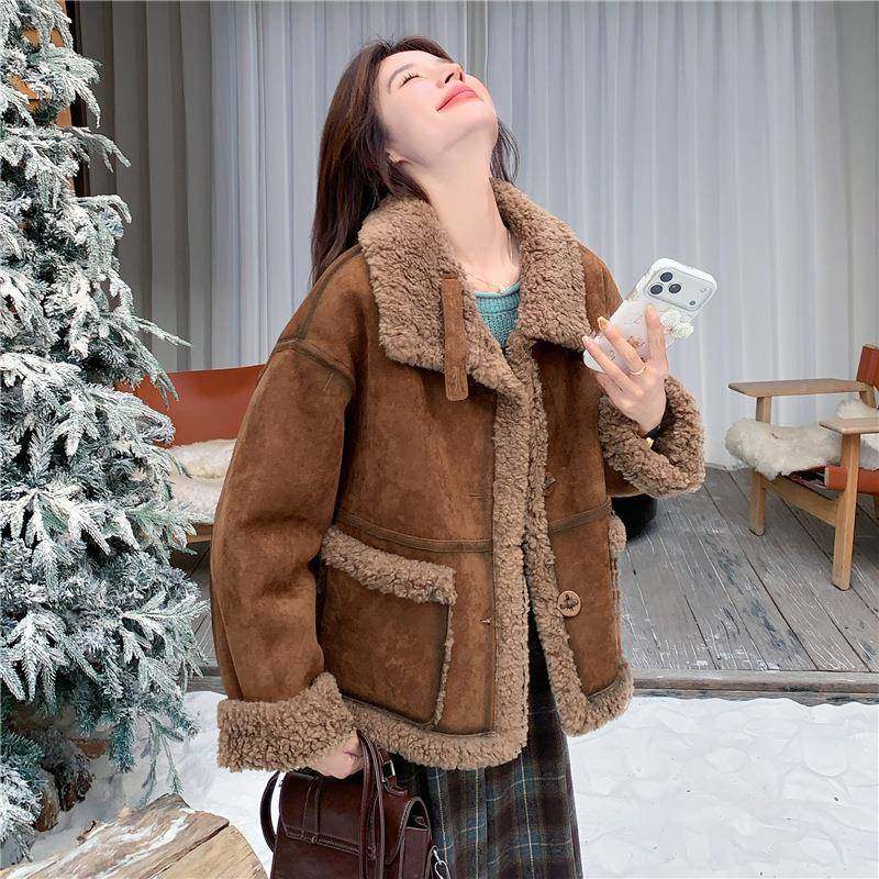 咖色翻领外套女冬季新C118-M86款时尚保加暖加绒复厚古设感计棉袄