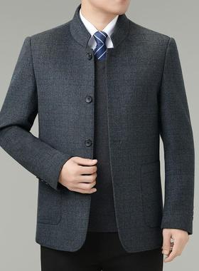 冬扣子款羊毛爸大男中年立领衣休闲8308-J爸装双面呢中山毛呢装外