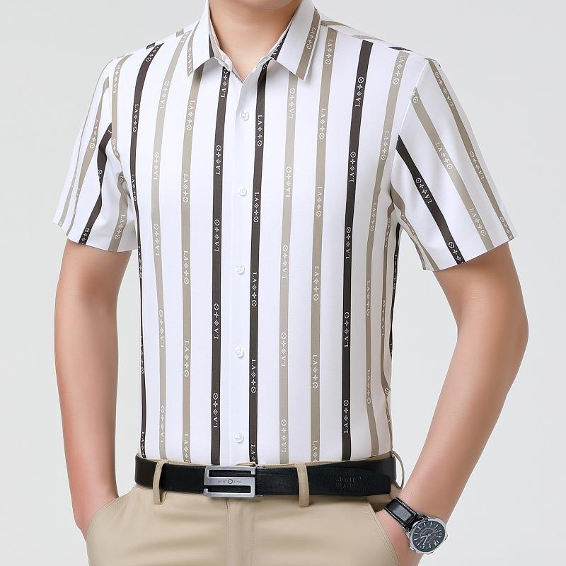 夏季新款闲简约休条纹短衬衬衫袖男689275士商务桑蚕丝衣爸爸男装