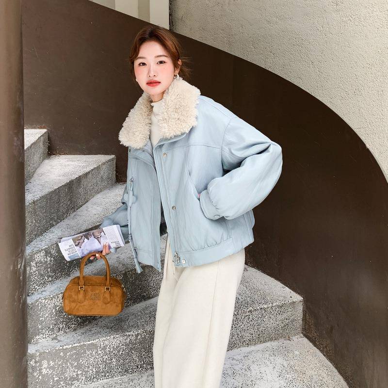 蓝色羊羔毛接甜美减外龄羽绒派克服女冬新c062-871拼个子加厚小白