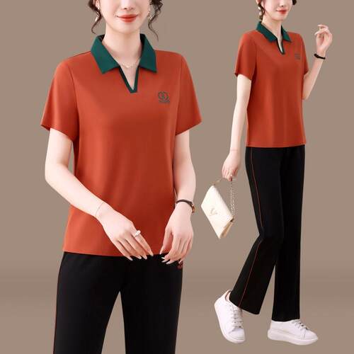 中年妈妈夏运岁动装LJF1852服套装女薄款凉感翻短袖休闲领服