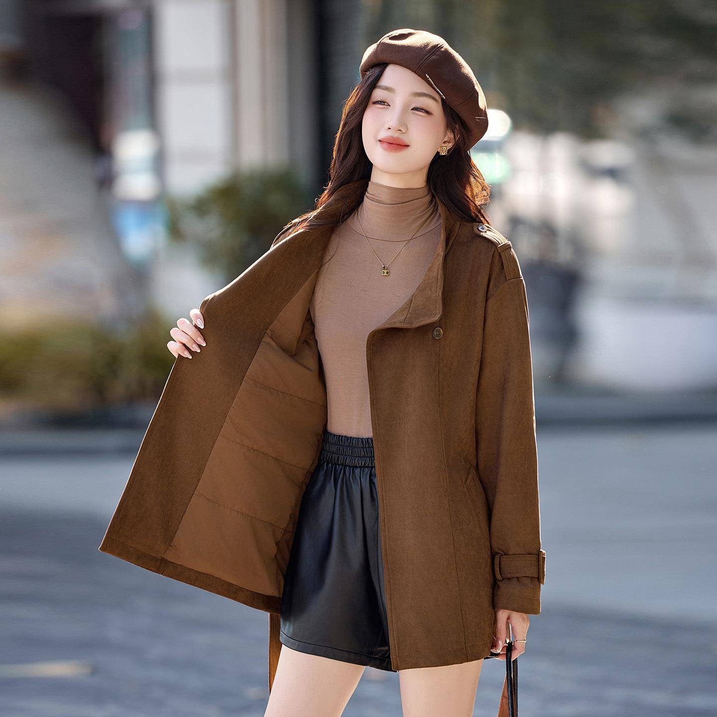 麂皮绒短风衣女冬新款小个子韩系秋质美ZLI25608拉德复古立款领气