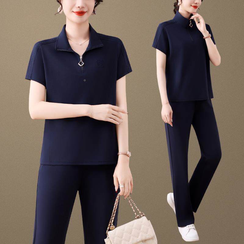 中年妈妈运动套女装90069478新款夏季休闲冰丝短袖衫服两套件薄款