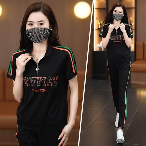 拼拉色条77486912亮印花运动套装新款时气尚卫衣洋减龄跑步片休闲