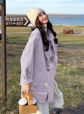 紫色韩系少女感羊穿搭双D07-661面毛大衣毛冬新款毛球连帽加厚呢
