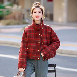 复古红色格纹鸭短羽绒ZYI9582服女冬款季新小香风立领白绒厚外款