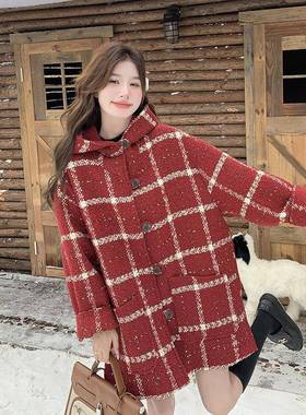 红色格羽绒服呢大厚流C282-891衣女子秋冬新款连帽韩系行加毛呢外