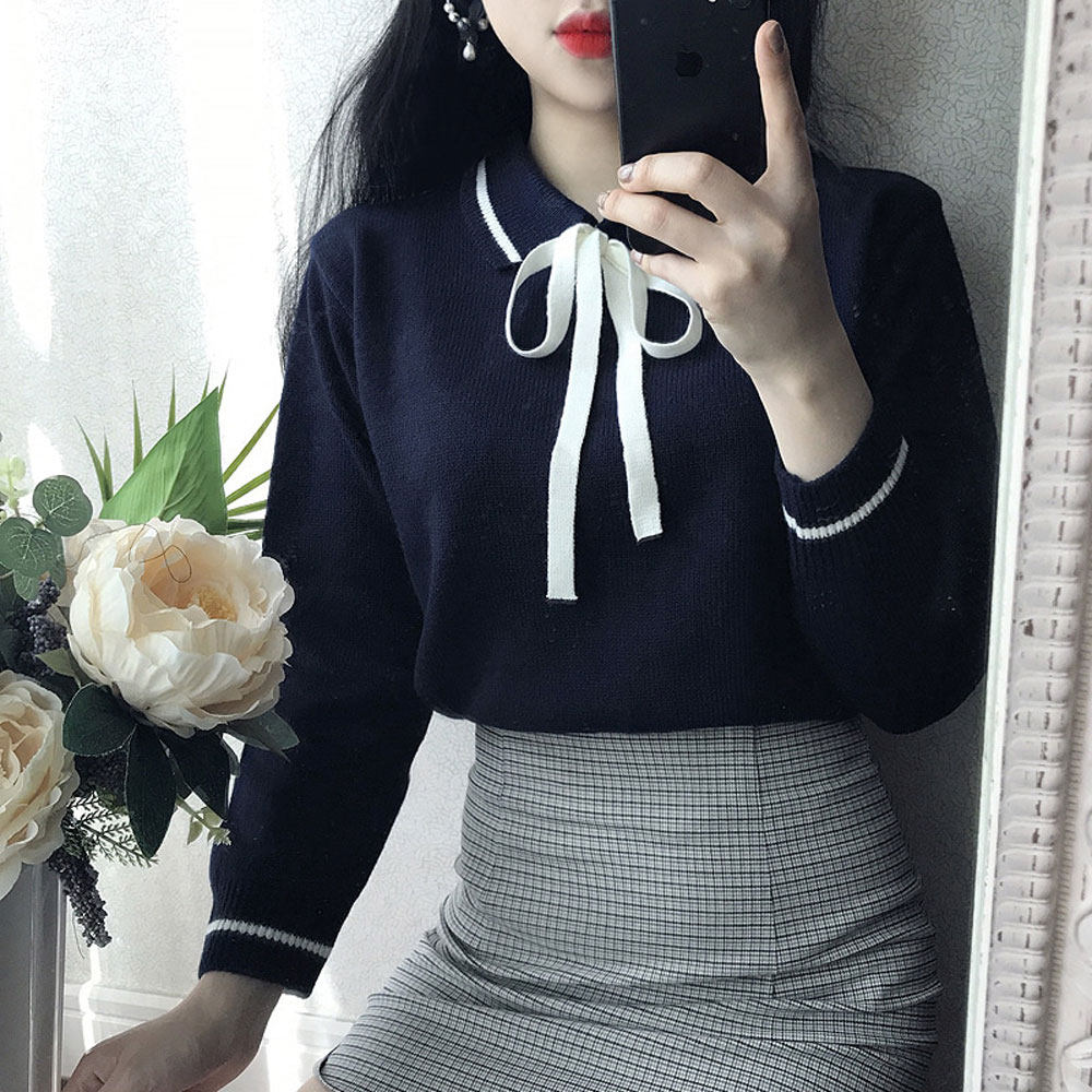 韩版新款挂脖V领拼接休闲针织衫女修身套头娃娃领毛衣打底衫上衣在类目 女装/女士精品, 毛衣中 - 来自Buy2taobao.com提供专业的淘宝代购服务