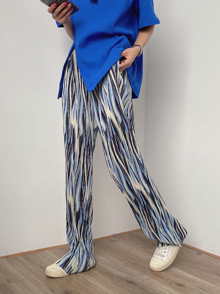 Real price high waist Decor stripe straight leisure wide leg pants