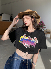 Real price American retro sweet cool print letter pattern chain loose navel short sleeve T-shirt