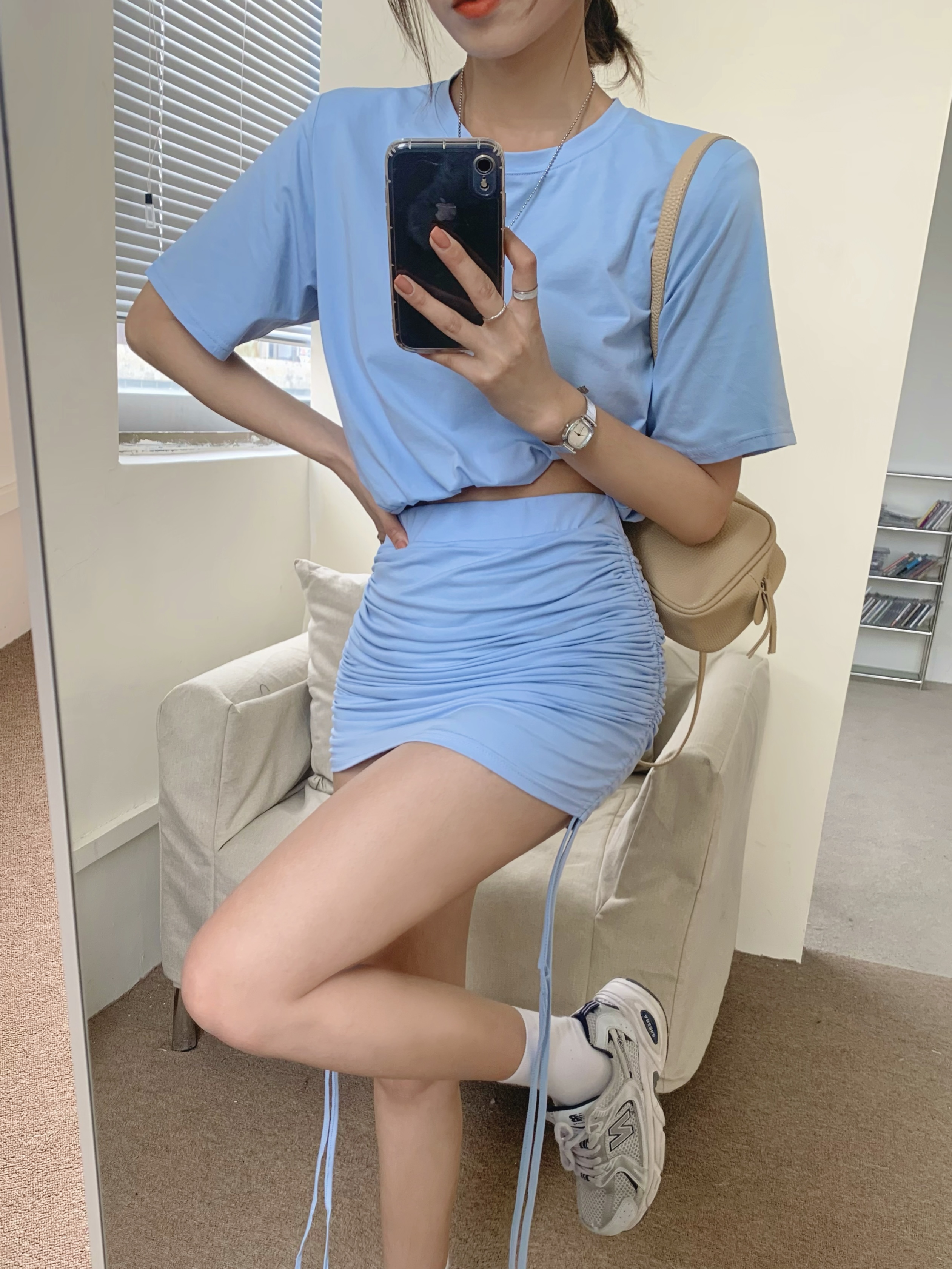 Real price round neck short sleeve T-shirt drawstring skirt suit