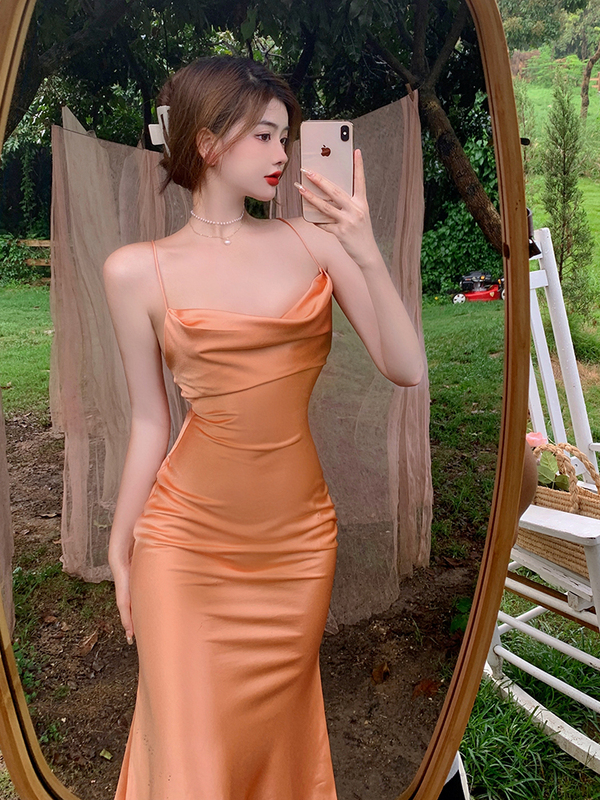 Real price peach suspender open back V-neck suspender dress