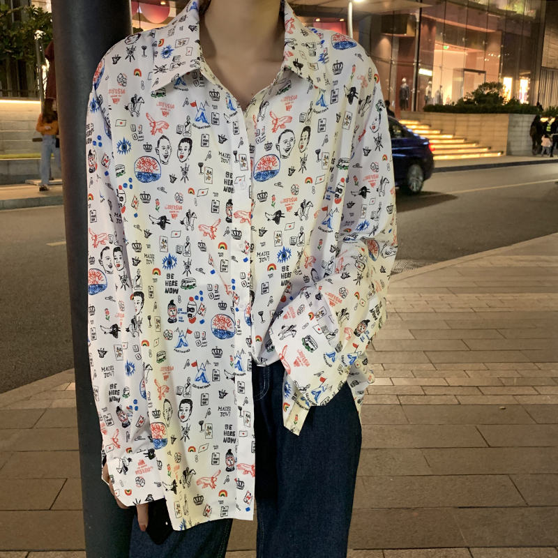 Real photo, real price, early spring cartoon, loose and versatile, long sleeve personality, wide pine flower shirt