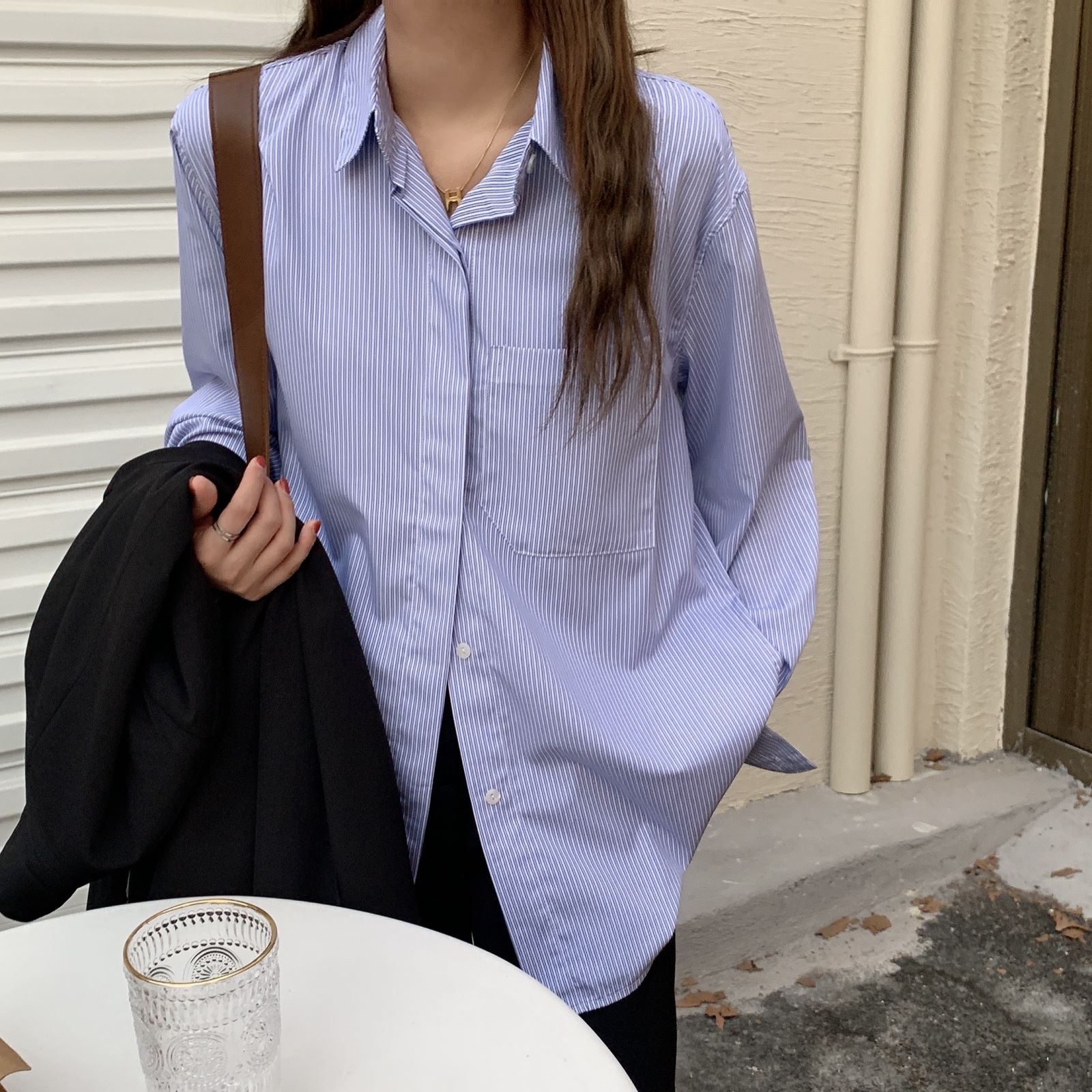 Real shot basic versatile striped Long Sleeve Shirt