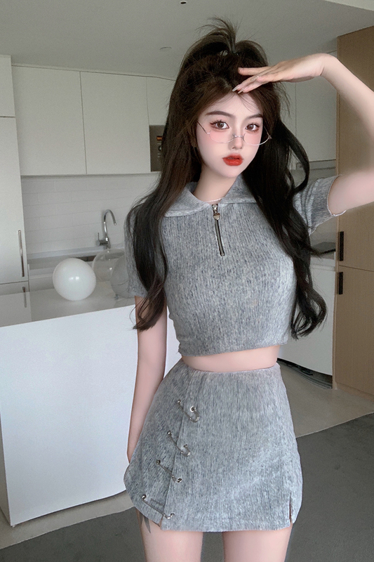 American style retro spice girl blue gray tie dye pit zipper Polo Short Sleeve T short skirt pants