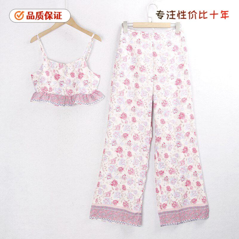 997碎花套装 春季新款花边短款吊带衫+高腰阔腿休闲印花喇叭长裤