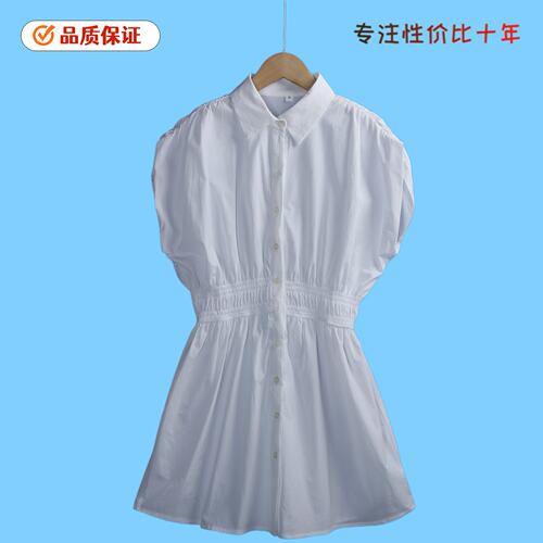 6264衬衫裙 夏季翻领小纽扣纯色松紧腰显瘦蝙蝠袖中长A字裙女裙
