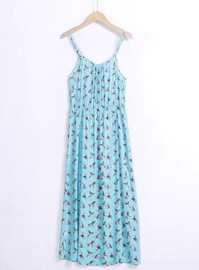 1417棉绸吊带裙 夏季薄款人棉印花舒适透气修身印花连衣裙女外贸