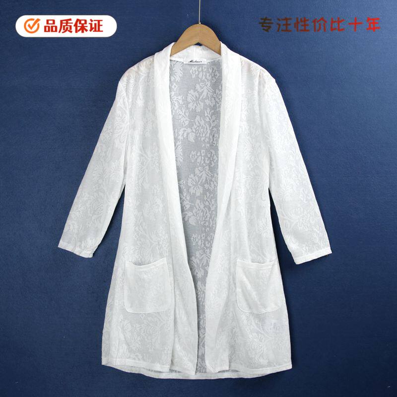 1269蕾丝长款开衫 夏季新款印花口袋五分袖时尚纯色防晒罩衫外贸