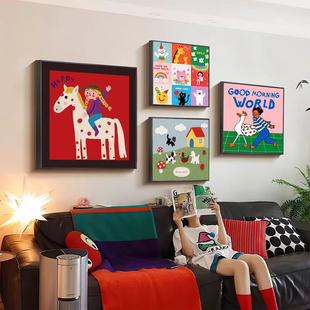 多巴胺装饰画客厅沙发背景墙组合卡通壁画高级感ins卧室房间挂画