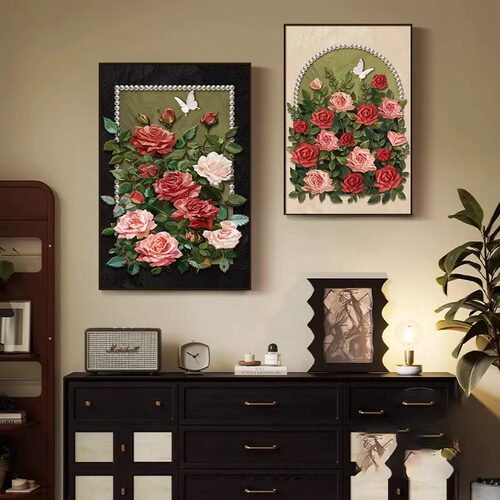 中古风客厅装饰画法式复古卧室壁画玫瑰小众奶油风沙发背景墙挂画