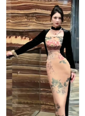 法式复古高级感女神范名媛气质女冬装晚礼服长裙印花裙子连衣裙