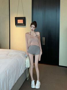 上衣内搭性感灰色吊带高腰休闲短裤 长袖 子 甜辣三件套粉色薄款 夏季