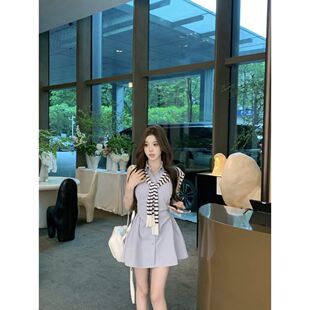 休闲纯欲风套装时尚百搭纯色修身显瘦连衣裙黑白条纹披肩两件套装