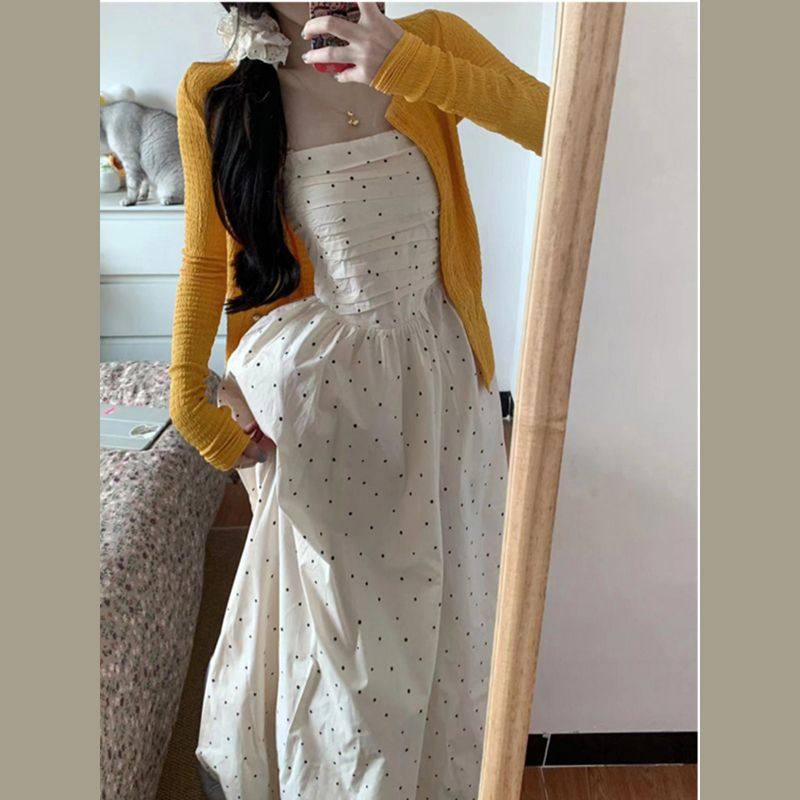 套装女2024春夏季新款波点压褶收腰吊带连衣裙一字肩气质复古别致,女装/女士精品,时尚套装,淘宝优惠券,粉丝福利购,淘宝优惠卷