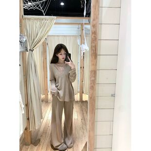 单件/套装慵懒风v领长袖套头毛衣蕾丝背心女冬季新款针织阔腿长裤