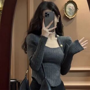 【两件套】软糯糯打底衫针织毛衣T恤长袖不规则上衣+鱼尾裙套装女
