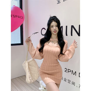 纯欲毛织吊带裙性感辣妹风挂脖紧身包臂连衣裙长袖罩衫两件套装女