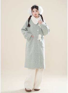 毛毛娃娃领加厚外套女冬季斜门襟绿色中长款毛呢甜美森系可爱大衣
