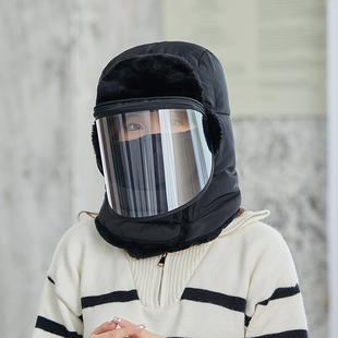 雷锋帽秋冬女骑电动车防风保暖帽户外防水防寒男护耳帽带面罩防雾