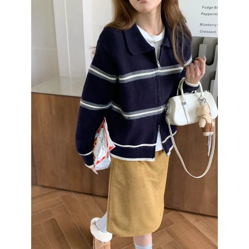 3th Morning 淡人松弛感 时髦双拉链翻领条纹针织开衫ZY4583