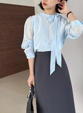 江左 蝴蝶结飘带天丝半高领长袖衬衫女秋季新款通勤衬衣小衫 1186