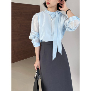 蝴蝶结飘带天丝半高领长袖 通勤衬衣小衫 衬衫 新款 1186 女秋季 江左