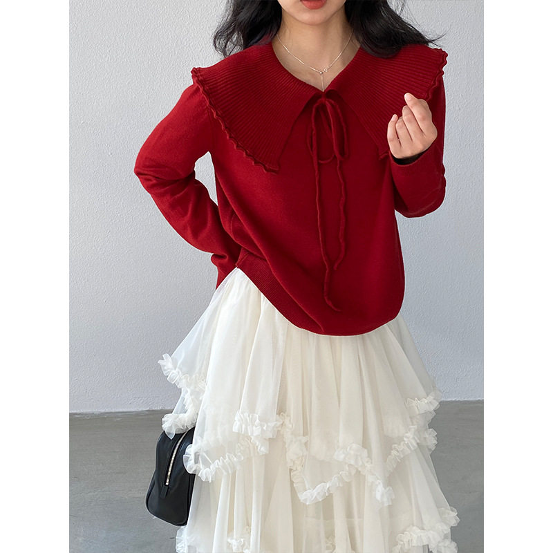 江左 韩系减龄娃娃领系带针织衫女26春季显瘦独特好看上衣 251213