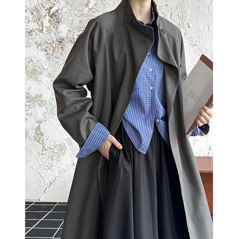 橘芷2025早秋新款韩版大翻领长袖设计感收腰中长款风衣外套7722