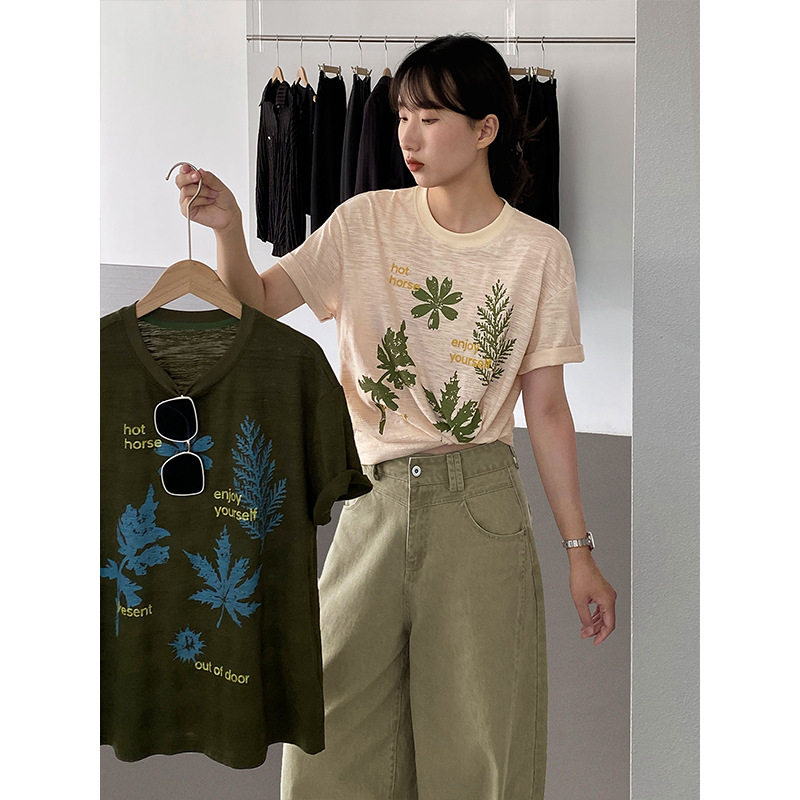 江左 韩系复古树叶印花短袖t恤女26夏穿搭宽松高级感别致上衣1973