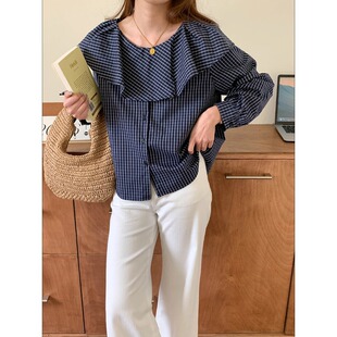 衬衫 3th 韩系荷叶边娃娃领格纹长袖 甜茶气泡 ZY3974 Morning