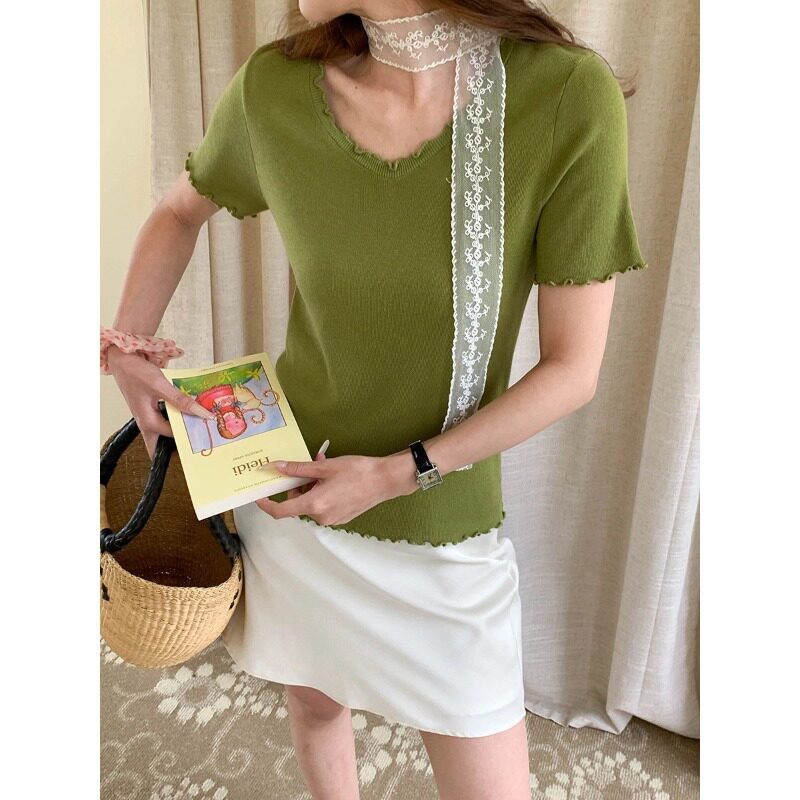 3th Morning 夏日气泡 减龄木耳边V领显瘦短袖针织衫ZY4106