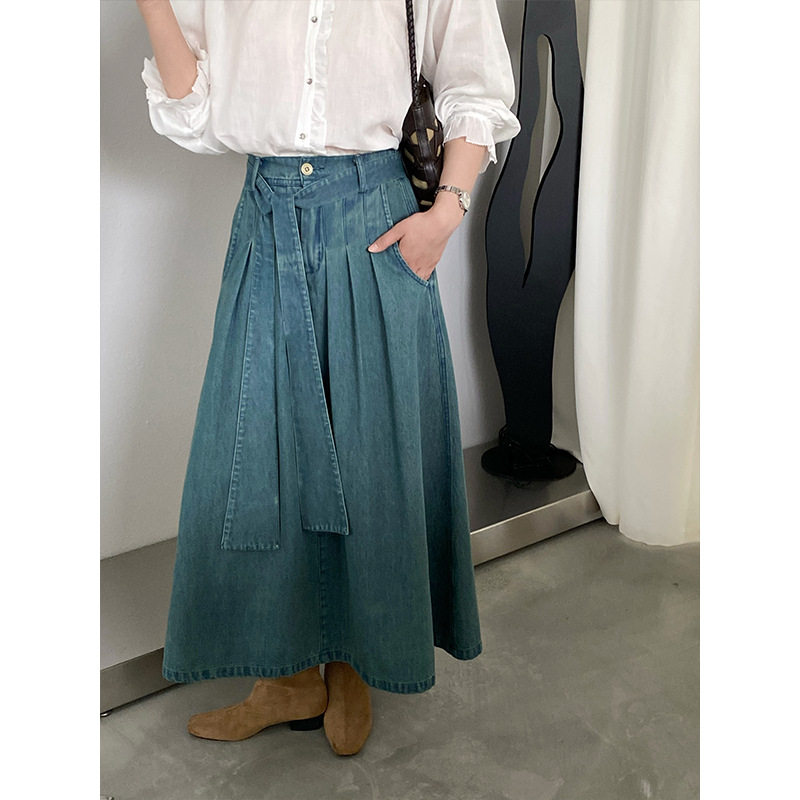 江左 韩系简约休闲A字半身裙女26春夏半裙系带长款裙子牛仔裙6517