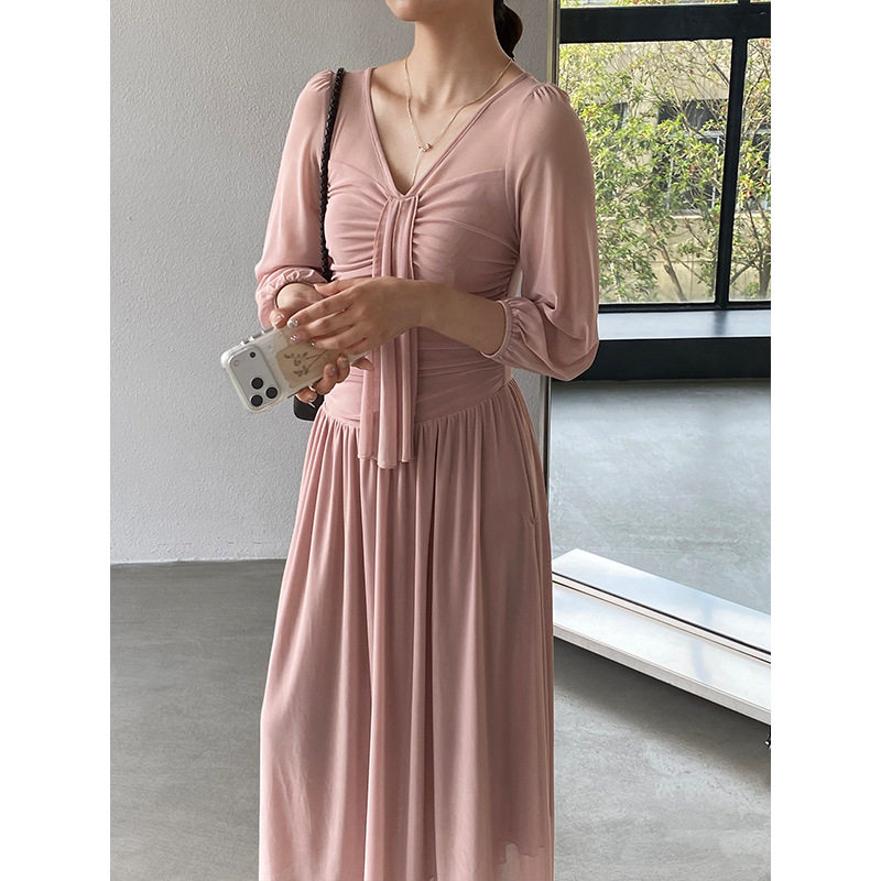 江左 塞纳晚风温柔风粉色收腰茶歇长裙女夏连衣裙高级感气质 6529